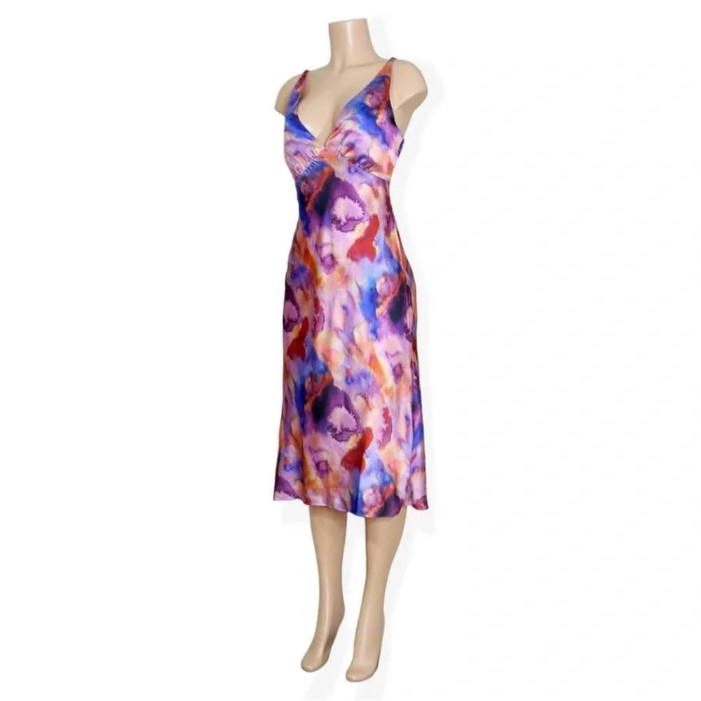 BHLDN Hazel V-Neck Printed Stretch Satin Midi Dress NWT Large - Picture 6 of 9